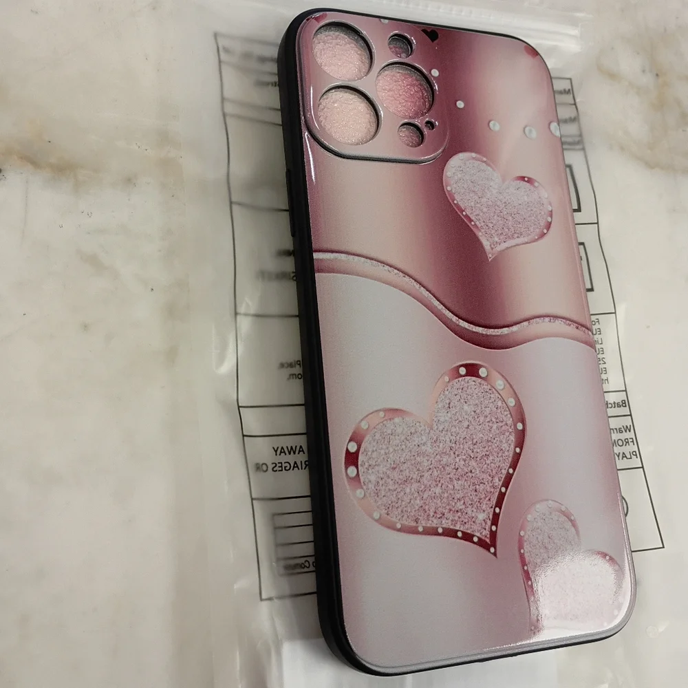 iPhone 13 pro max Pink White Heart Glossy Hard Plastic Back Case Cover